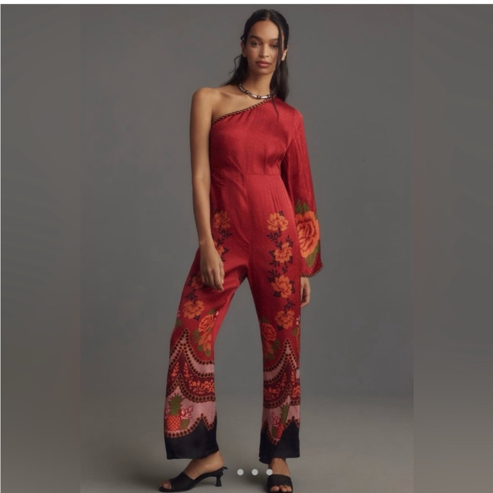 NWT❣️FARM Rio For Anthro❣️Red and Black One-Shoulder Jumpsuit